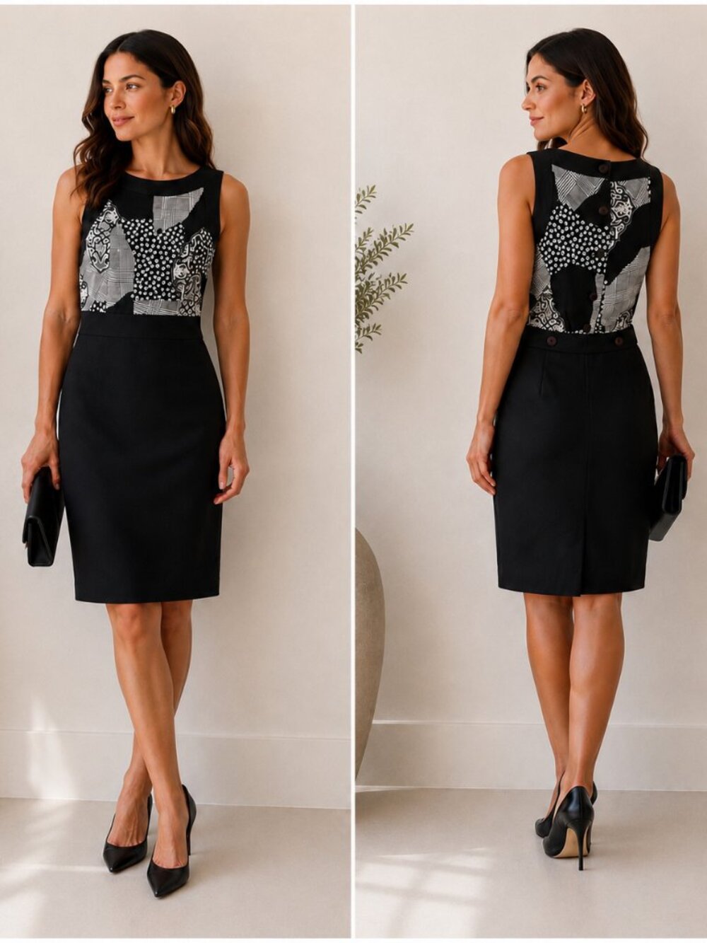 Richie Freeman Terijon Saks Fifth Avenue Dress 6 Linen Black Patchwork Sheath